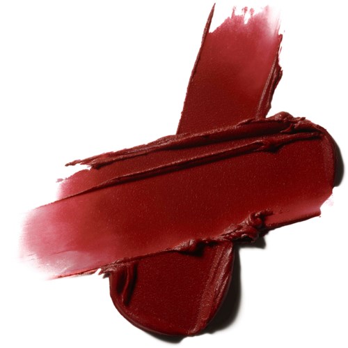 A bold, red lipstick smudge with textured strokes and shiny finish.
