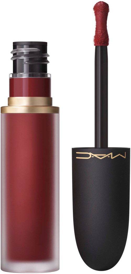 A lipstick container with the lipstick wand removed, showing red lipstick and a black cap with gold lettering.