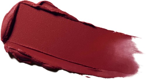 Red lipstick swatch on a black background, showing glossy texture and color.