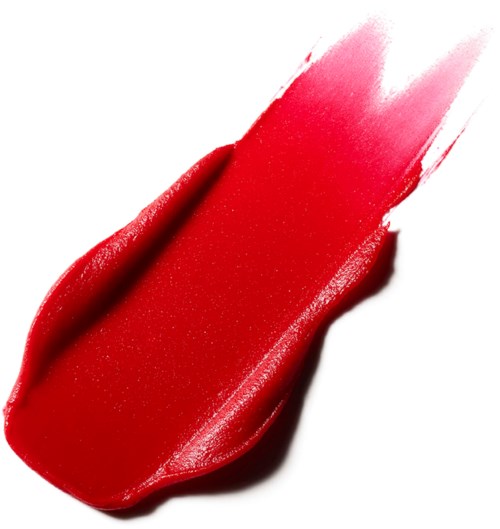 Ein kräftiger roter Lippenstiftstrich auf weißem Hintergrund, zeigt glatte und glänzende Textur.