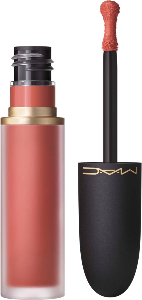 A pink liquid lipstick with an open black case and a wand applicator with pink product.