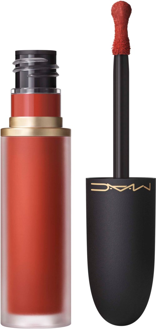 A liquid lipstick tube with brush applicator, black cap, and gold branding on the outside.