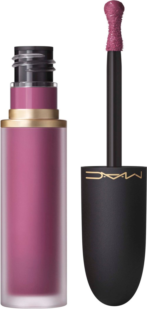 Lip gloss tube and brush applicator with pink gloss. The tube is pink with a gold band and black cap.