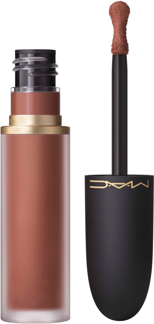 A makeup stick and a liquid lipstick with a wand applicator. The lipstick tube is black with gold writing.