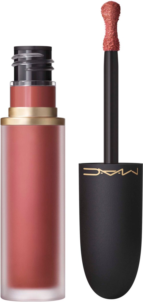 Lip gloss with an open wand, pink shade, and black and gold cap. Sleek and stylish design.