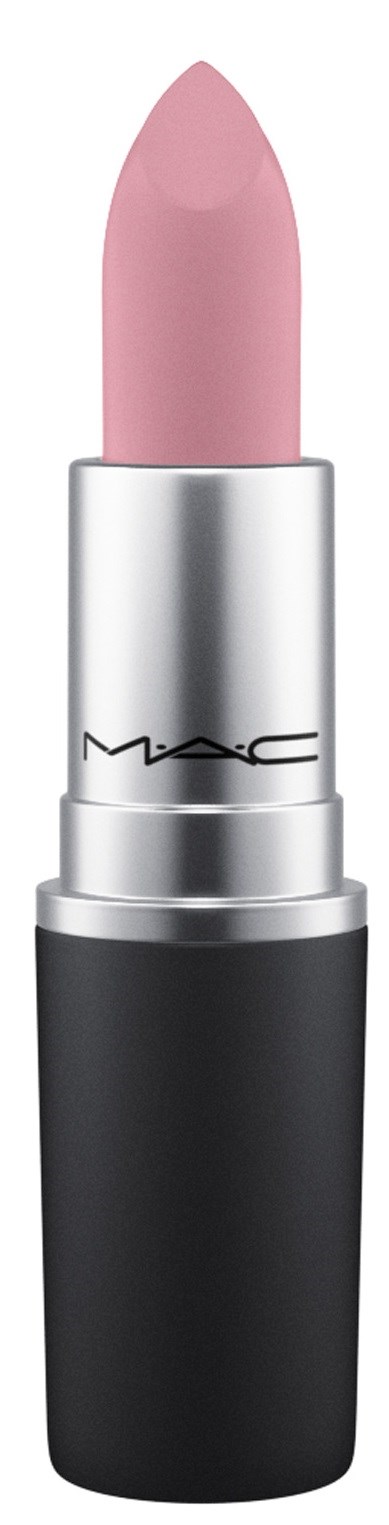 Jasnoróżowy szminka w czarno-srebrnej tubce z logo MAC.