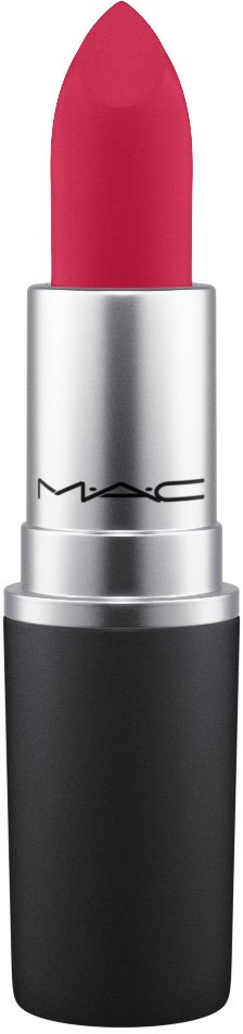 Szminka z srebrną nakładką, czarną podstawą i różowym kolorem. To produkt kosmetyczny od MAC.