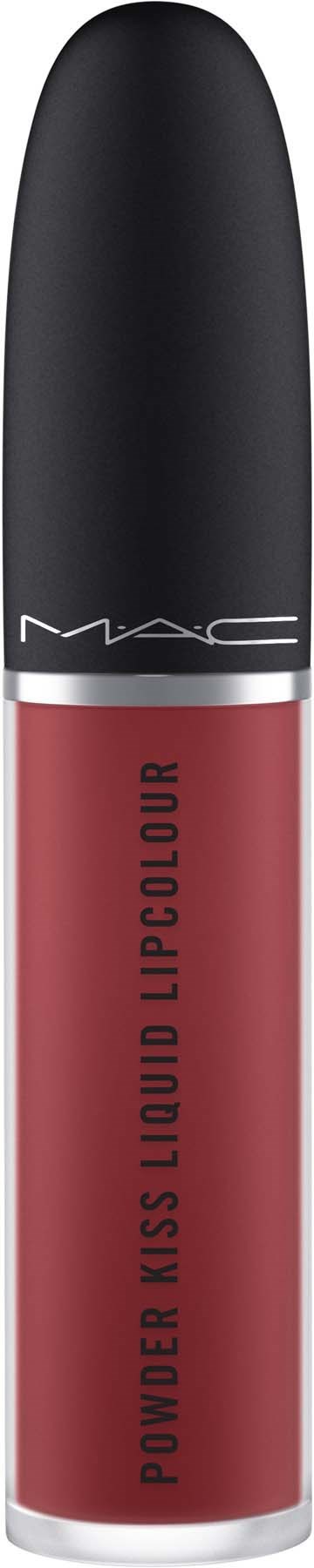 Cieni do ust w płynie MAC w kolorze czerwonym z czarną nakrętką, oznaczony 'Power Kiss Liquid Lipcolour.'