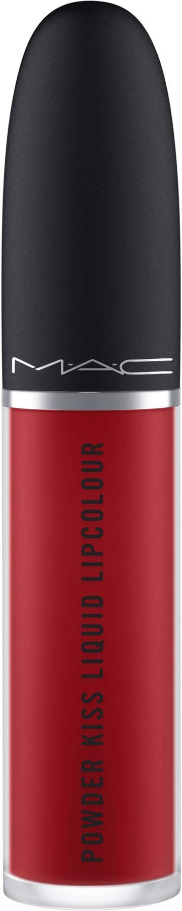Butelka błyszczyka do ust z czarną zakrętką, czerwona obudowa i logo MAC, oznakowana 'Power Kiss Liquid Lipcolour'.