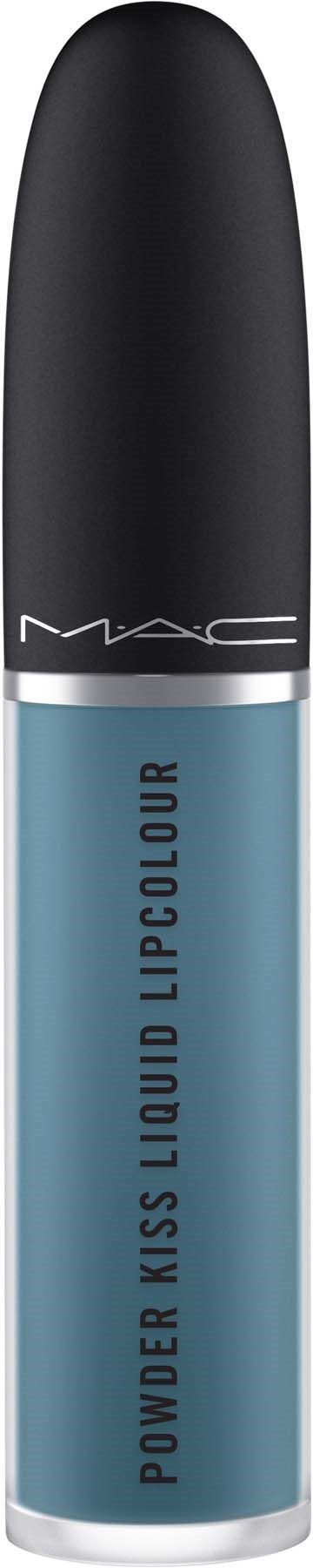 Niebieska tubka błyszczyka do ust z czarnym korkiem, oznaczona 'Power Kiss Liquid Lipcolour' i logo 'MAC'.