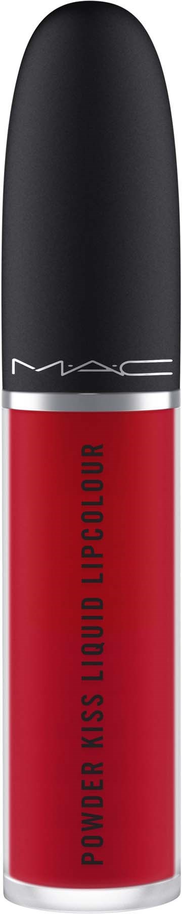 Czerwony tusz do ust w butelce z czarną nasadką, oznaczony 'Power Kiss Liquid Lipcolour' i logo 'MAC'.