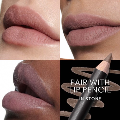 Different lips with various shades of lipstick and a makeup product called Lip Pencil in Stone.