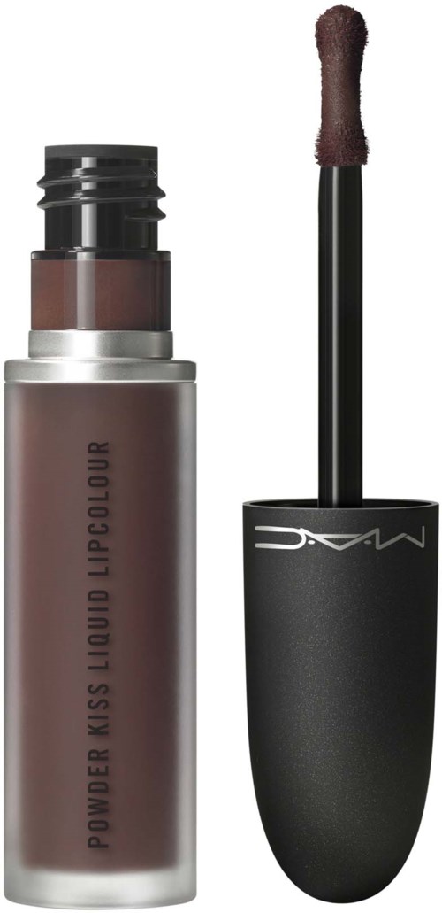 Lip gloss in a silver bottle with black cap and wand. The brand is MAC, and the product is Powder Kiss Liquid Lipcolour.