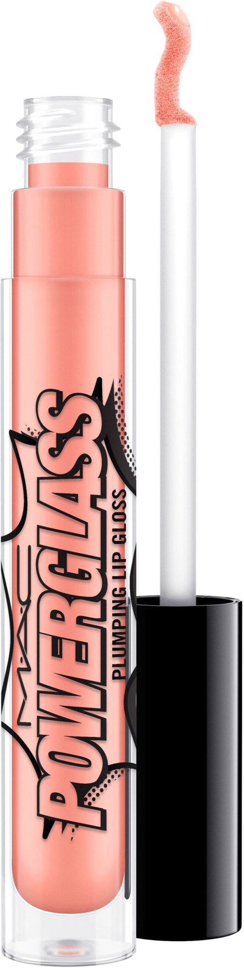 Ett rosa läppglansrör med svart lock och applikatorsvamp. Rör med fet text som säger "Powergloss".