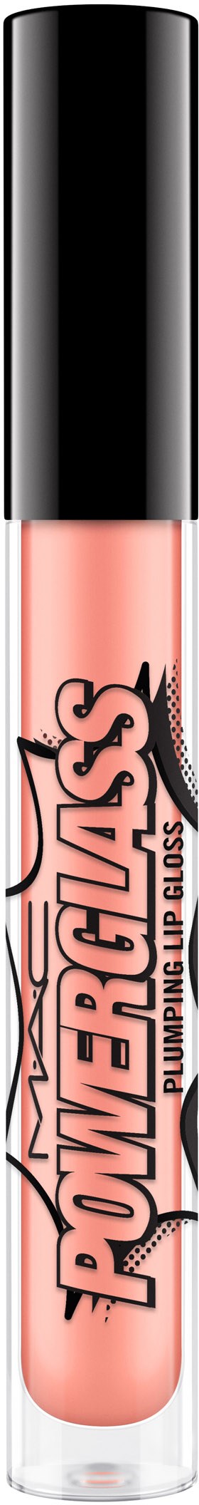 En läppglansrör med svart lock och rosa vätska inuti, med en stor 'Powergloss'-logga på sidan.
