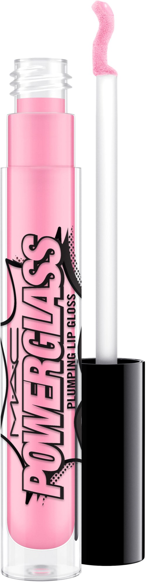 Pink läppglans i tub med applikatorvamp, märkt 'Powerglass' med fet svart och rosa text.