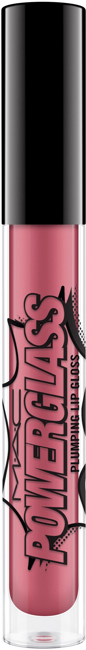En rosa läppglansrör med svart lock och en 'Powerpuff Girls'-logga och bilder på sidan.