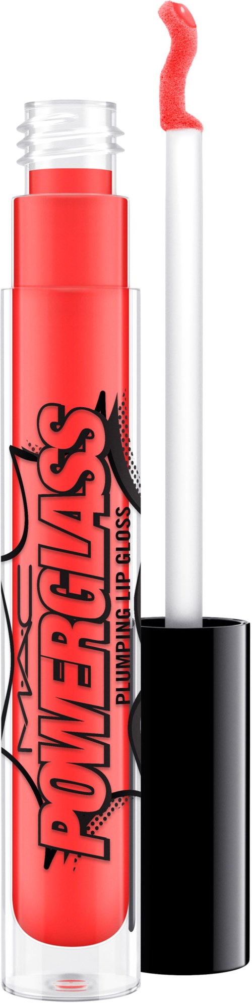 Ett rött läppläppstift i rör med svart lock och applicatorspett som visar ett ljus rosa gloss.