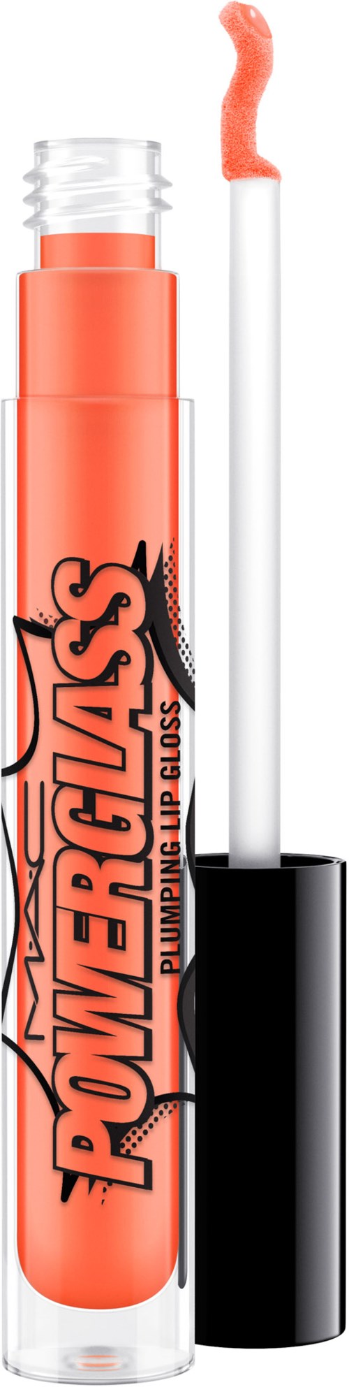 Ett orange läppglansrör med applikator. Röret har ordet "Powerglass" på sig.