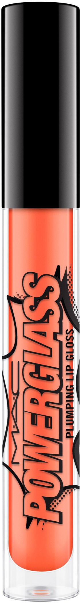 En läppglansrör med svart lock och orange färg, med märket "Power Gloss" och blixtdesign.