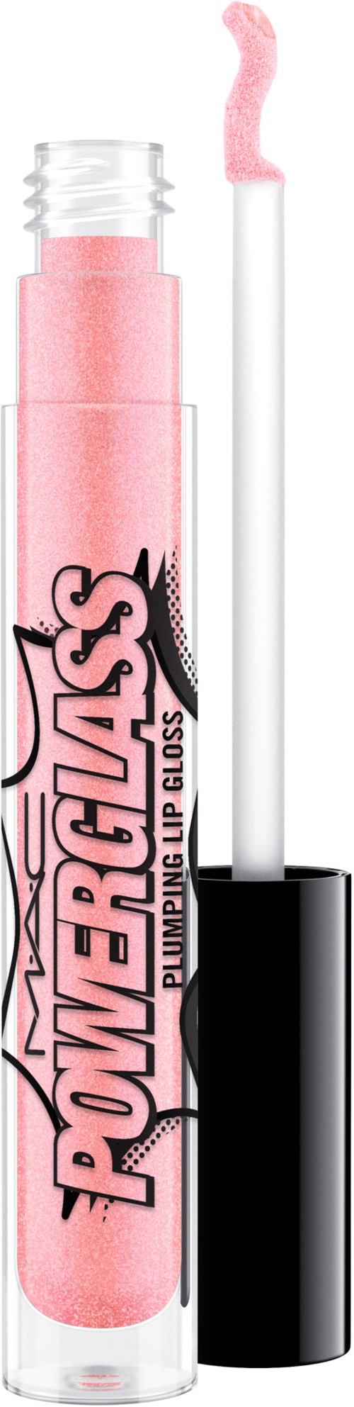 Pink lös glitter i ett tydligt rör med svart lock, märkt Power Glass. Inkluderar en applicatorpinnar.