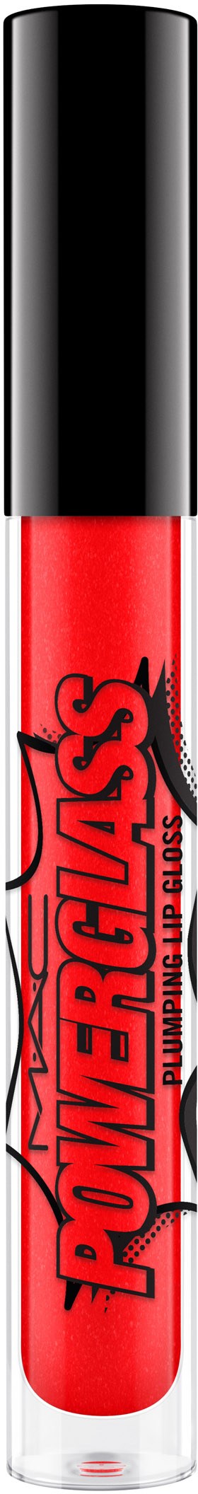 En läppglansrör i rött med svart lock, märkt 'Power Gloss' och 'Duo Lip & Cheek Tint.'