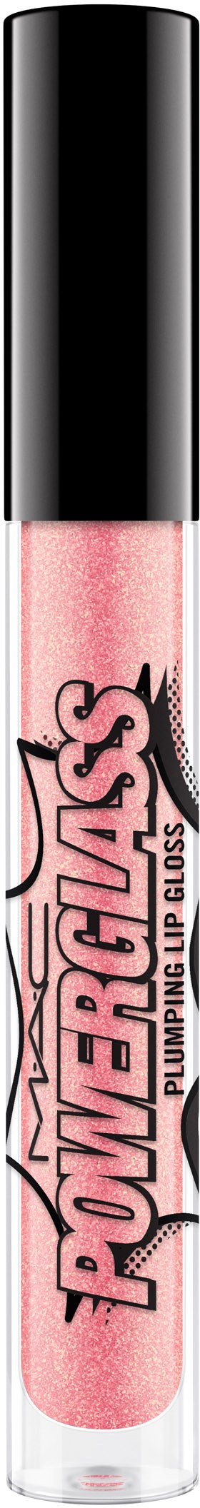 Læbglansrør med pink glimmer, mærket 'Power Gloss' med sort låg.