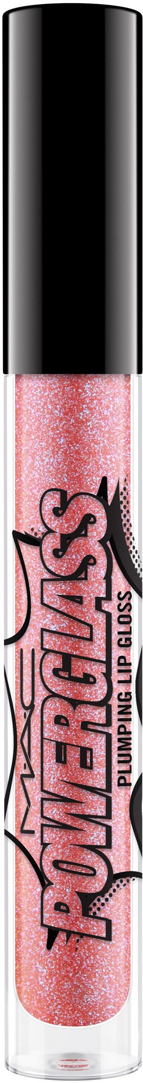 En rosa, glittrig läppglansrör med svart lock, märkt "Powerpuff Girls".