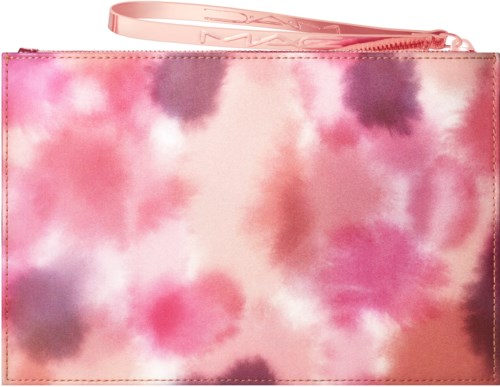 A pink, cloud-patterned clutch with a matching pink strap at the top.