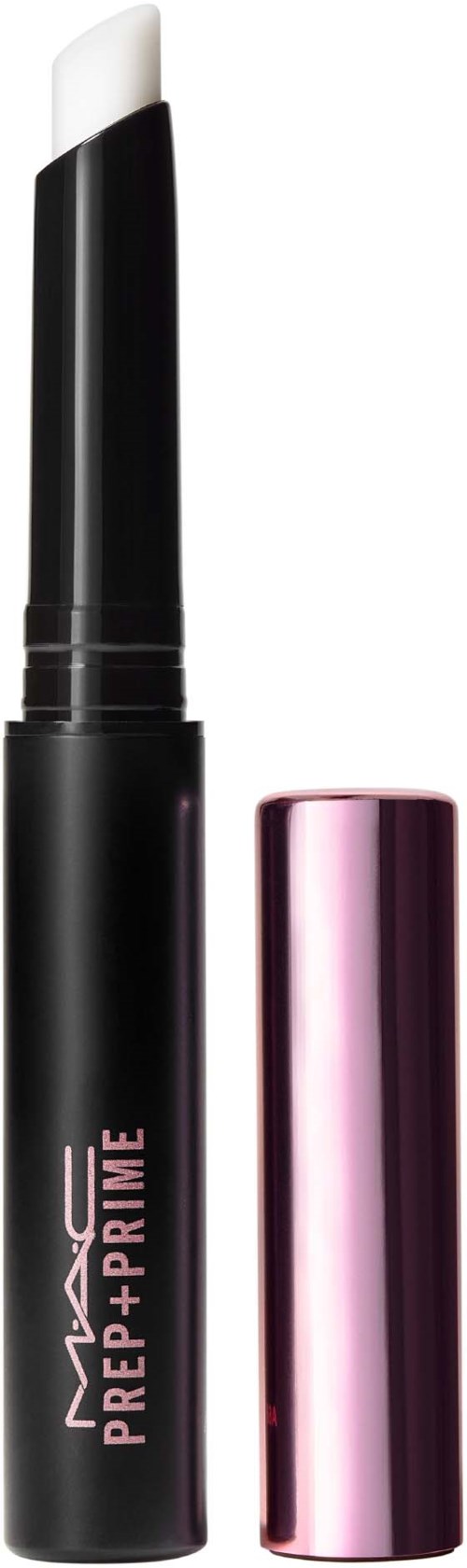 Ein Make-up-Stick mit weißer Spitze und schwarzem Körper, gekennzeichnet MAC PREP + PRIME, neben einem rosafarbenen Metallverschluss.