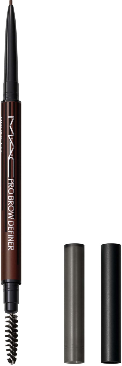 Een wenkbrauwpotlood met twee doppen, één grijs en één zwart, en een spoolie-borstel, gebruikt voor wenkbrauwmake-up.
