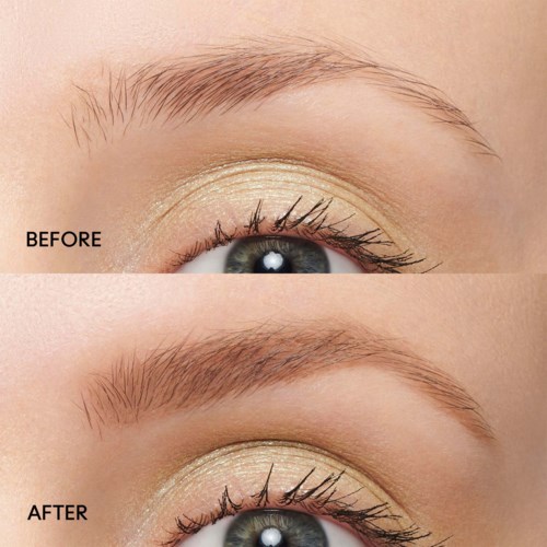 Een close-up van een oog met wenkbrauw en ooglid, met 'voor' en 'na' labels die een make-up- of schoonheidsverandering aangeven.