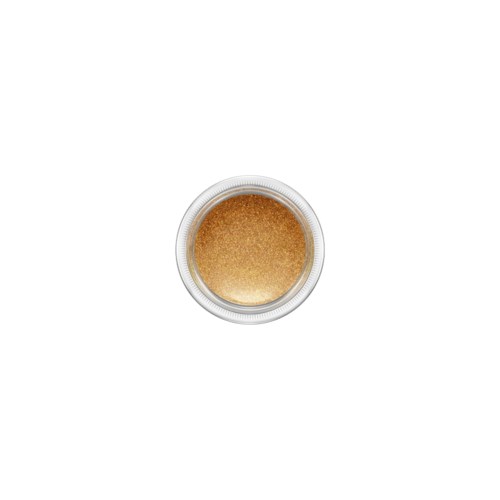 Ein kleiner runder Behälter mit goldenem Pulver, von oben auf weißem Hintergrund.