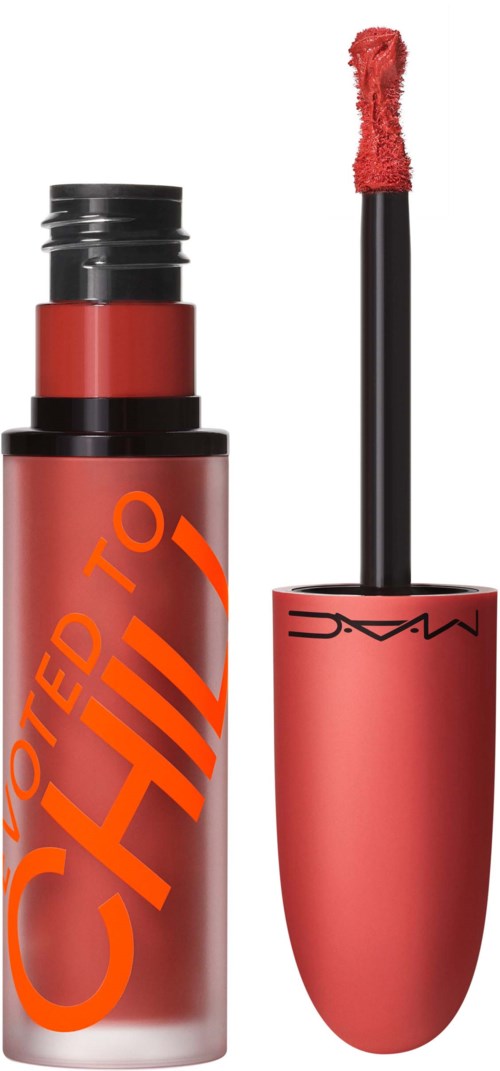Lippenserenröhre mit roter Farbe, schwarzem Deckel, Pinselapplikator und auffälligem orangefarbenem Text auf der Tube.