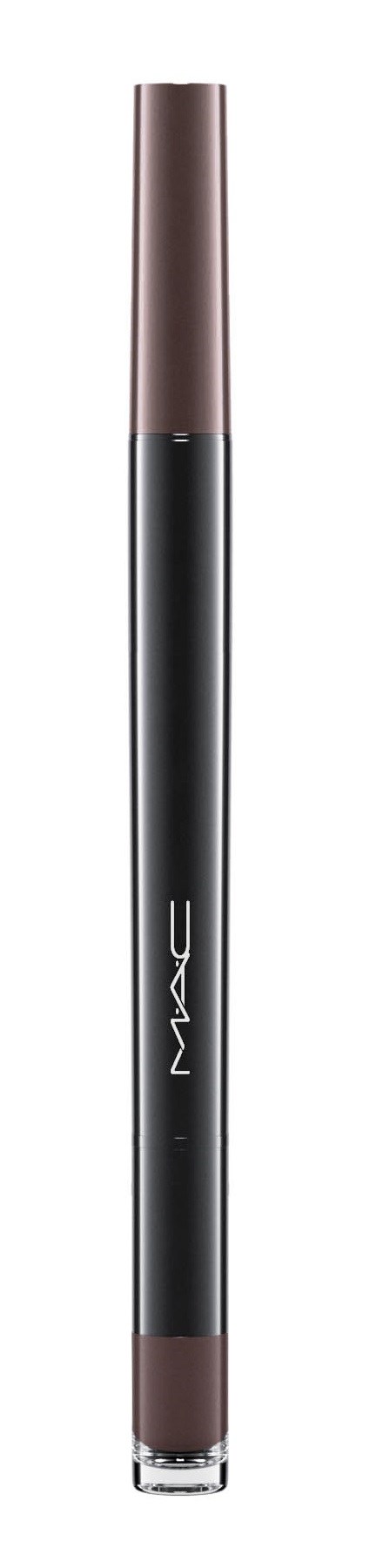 A slim, black and brown eyebrow pencil with a transparent cap. It has the brand name on the side.