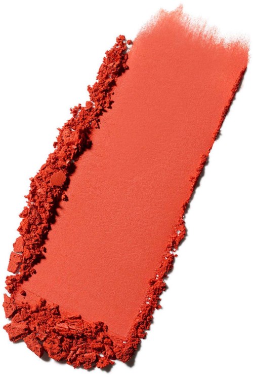 En lys rød-orange makeup blush eller øjenskygge pigment i en rektangulær form med ødelagte kanter.