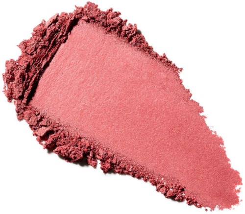 Pink pudder makeup med ujævn kant og glat midte, spredt på hvid baggrund.