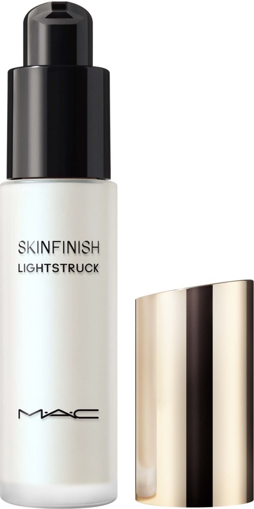 Eine weiße Flasche mit schwarzem Deckel und goldfarbenem Deckel daneben. Die Flasche ist mit MAC SKINFINISH LIGHTSTRUCK beschriftet.