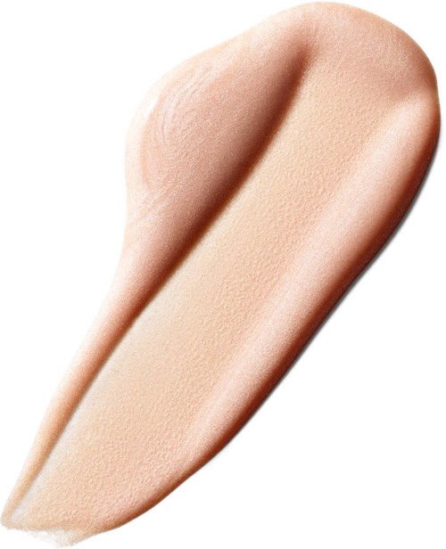 En beige makeupfoundationprøve, der viser glat, cremet tekstur med et let skær.