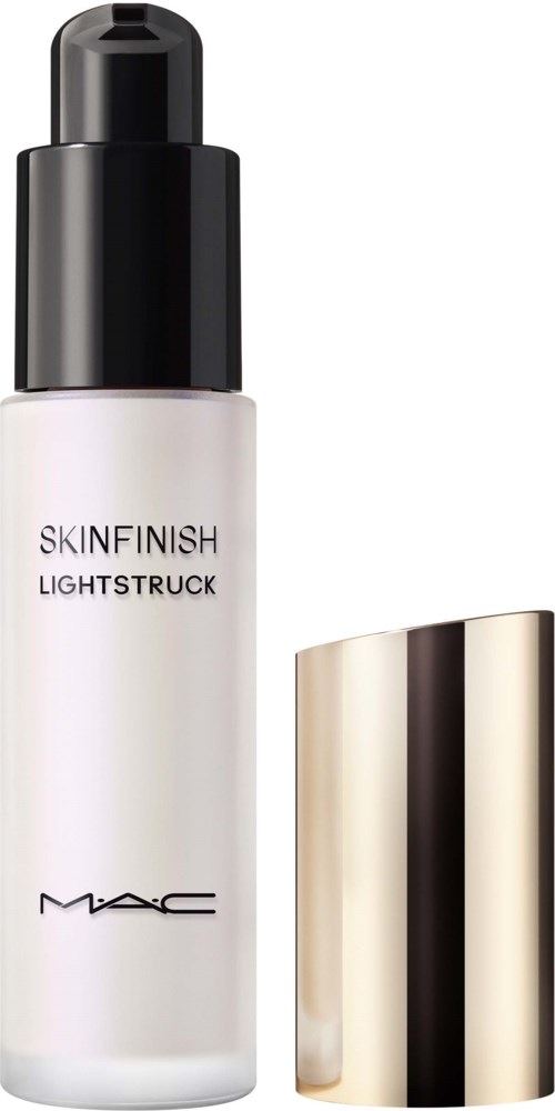 En hvid flaske med sort låg og guldfarvet låg, mærket MAC Skinfinish Lightstruck.