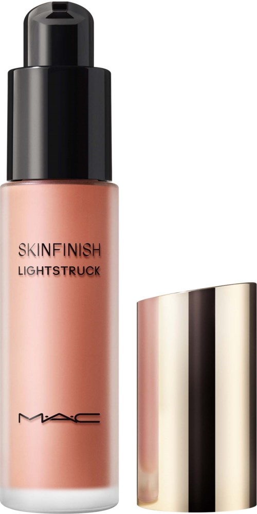 En flaske MAC Skinfinish Lightweight foundation med sort låg og en skinnende metalhætte.