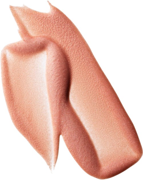 En beige makeup-svamp med buet form og tekstureret overflade.