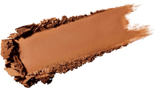 En stribe af brun makeup eller øjenskygge, delvist smidt ud på hvid baggrund.