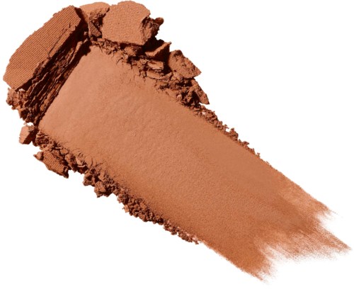 Knust makeup- eller ansigtspulver med et langt, strøget farvetryk på hvid baggrund.