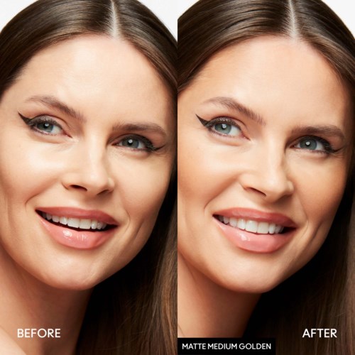 A woman smiles in a before and after makeup comparison, showing a more natural look in the after photo.