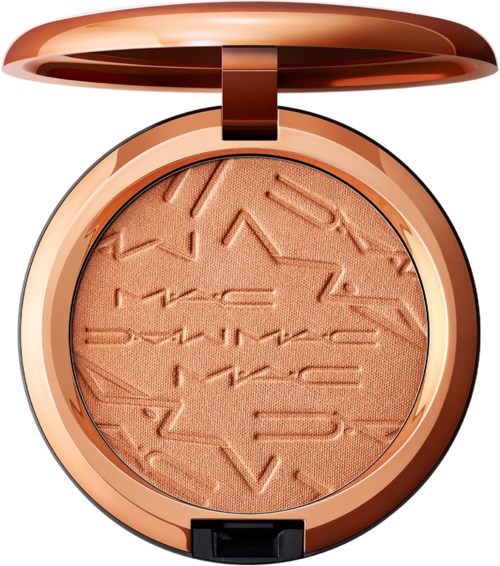 A compact with peach-colored powder inside, embossed with the MAC logo, in a rose gold case with a mirror.