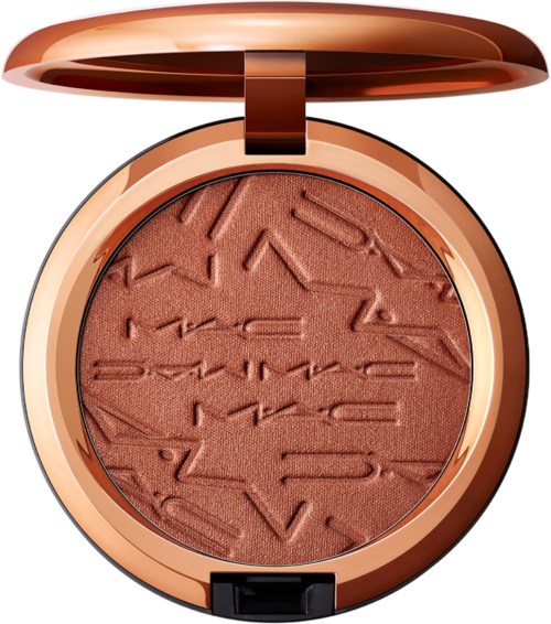 Bronze-colored compact with textured blush and a shiny lid that flips open.