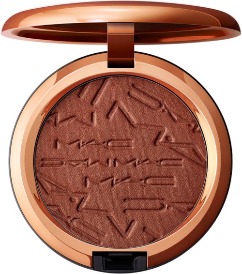 A round makeup compact with a textured brown powder inside and a shiny rose gold lid.