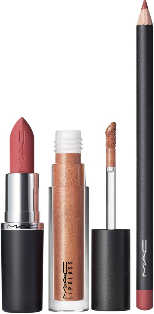 Lippenstift, lipgloss, lipliner en eyeliner in slanke zwarte verpakking.