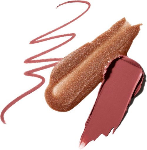 Een make-up monster met bruin en roze lippenstiftstrepen op een witte achtergrond.